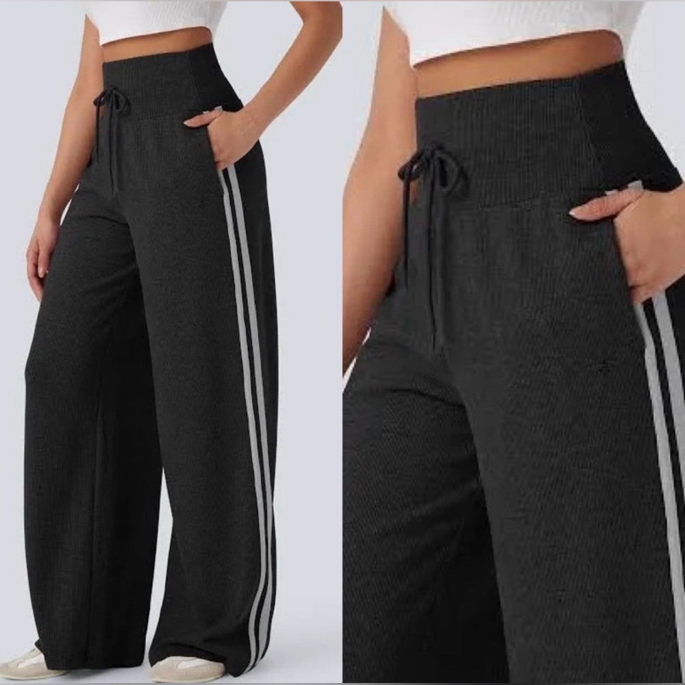 HALARA Black Wide Leg Ribbed Pants with Side Stripes